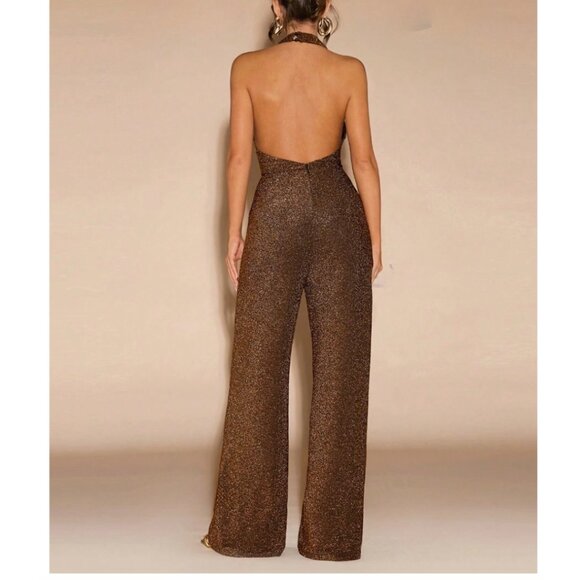 Minimalist Metallic Draped Neck Wide Leg Jumpsuit - Picture 2 of 6